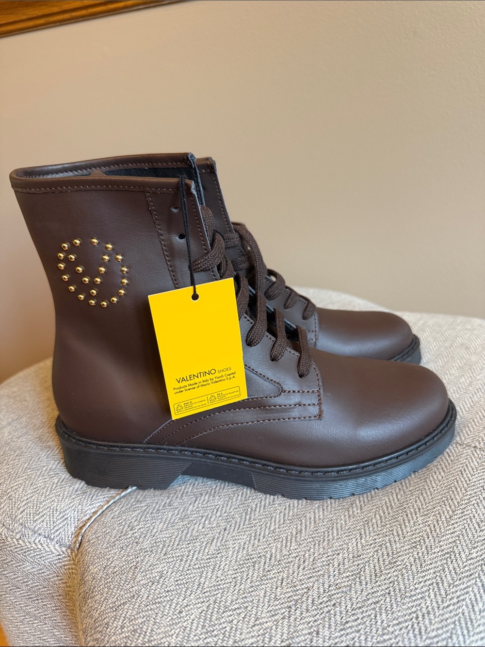 Valentino Brown Lace-Up Combat Boots with Gold Stud Accent